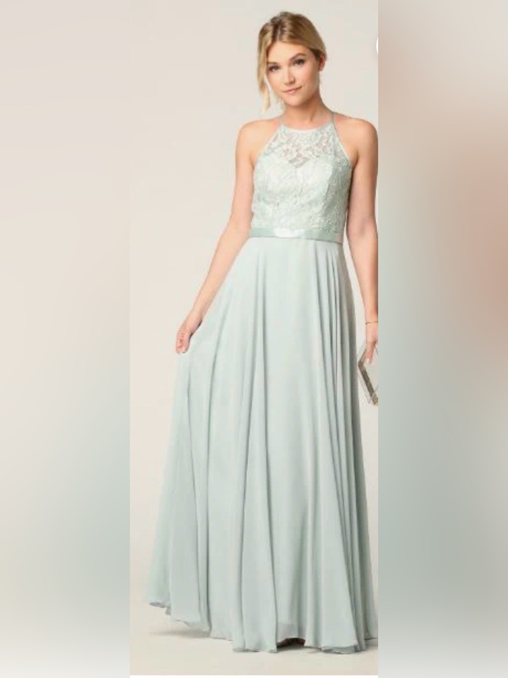 Halter Lace Bodice Maxi Prom Gown Dress in Mint Green